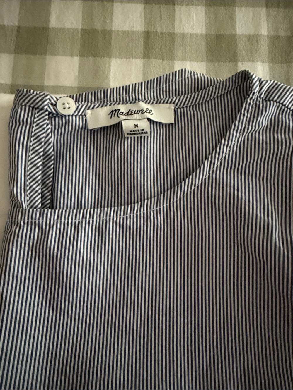 Madewell Blue and White Pinstriped Bell Sleeve Blouse
